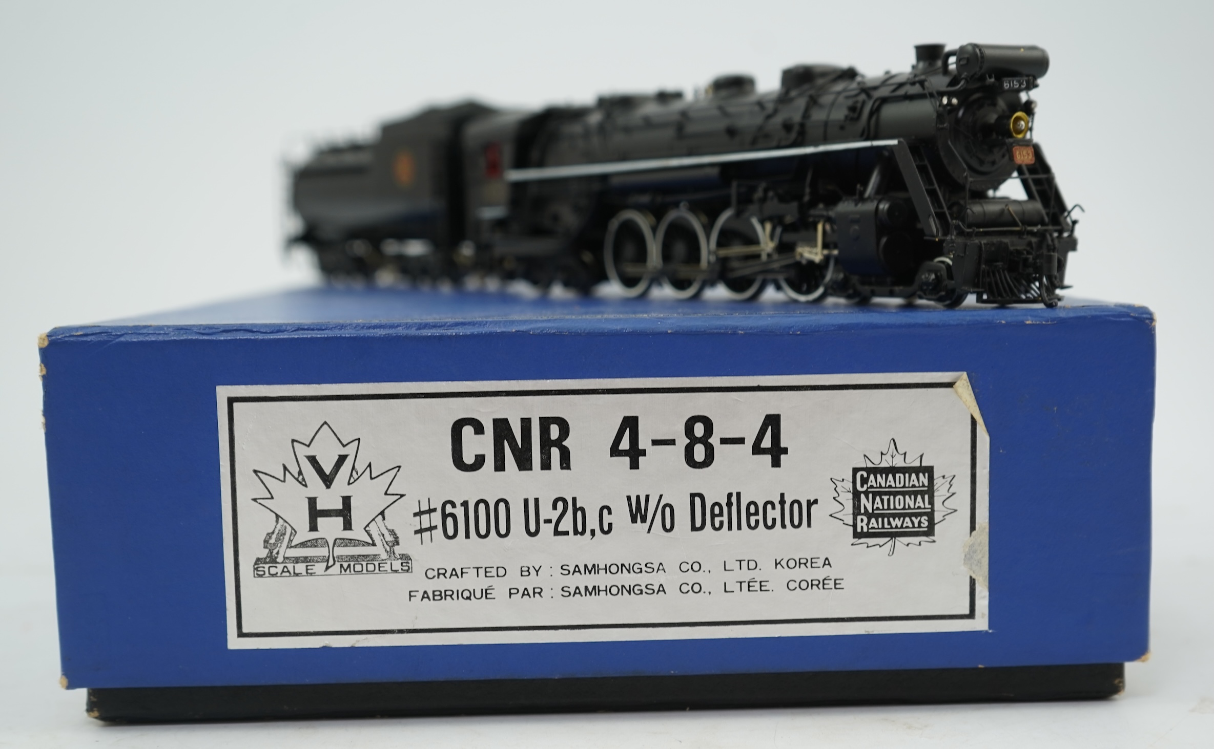 A boxed HO gauge VH Scale Models model of Canadian National Railway, 6153, 4-8-4 locomotive with bogie tender, powered for two rail operation.